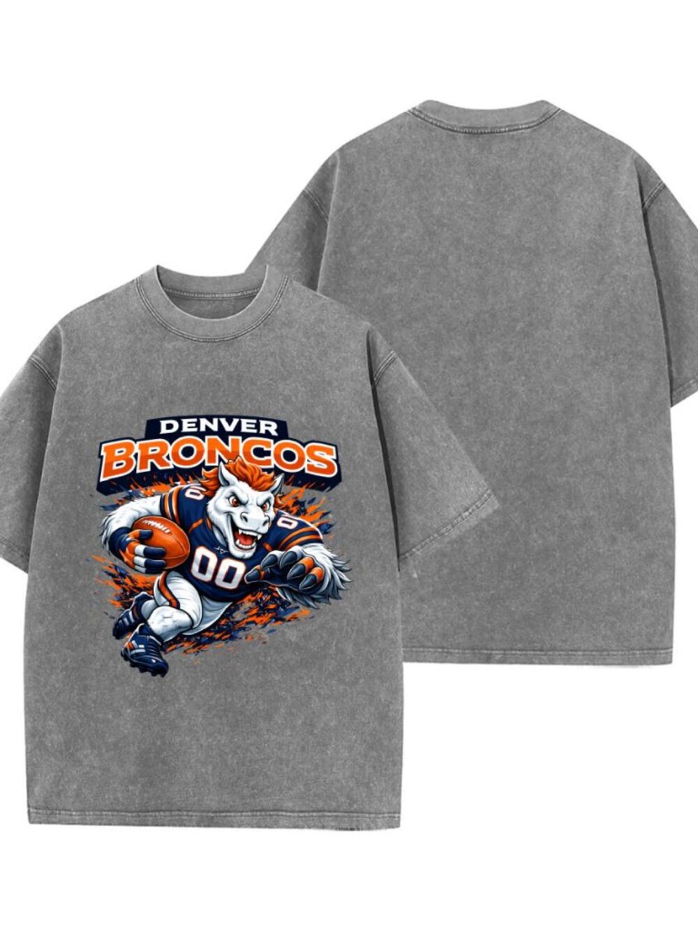 Acid Wash Denver Broncos Mascot Football Oversized Unisex Tee RY7W6MAQGC02 - Picture 3 of 4